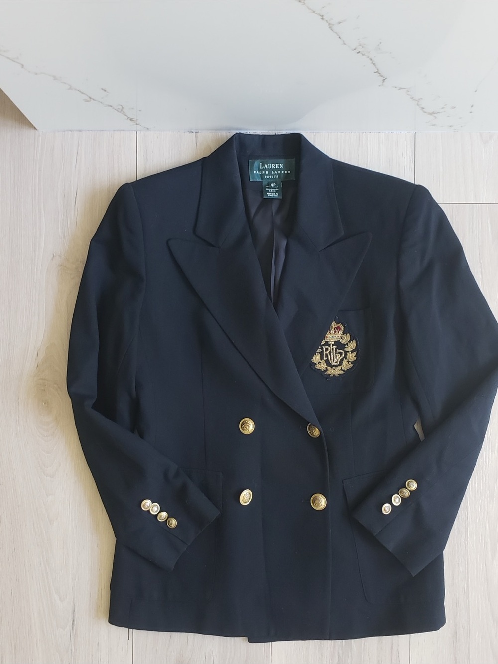 Ralph Lauren Wool Blazer Womens 4 Petite Navy Gold Crest Patch Brass Buttons USA